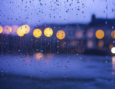 Flows of water during heavy rain on window glass with blurred street lights behindの素材