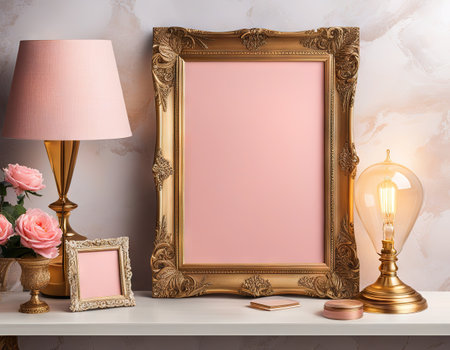 Picture frame poster template mock up with glamour and elegant feminine objectsの素材
