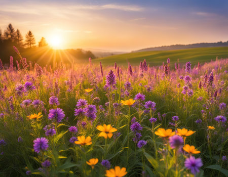 Sunset flowers meadow under soft sunlight and sun Spring meadow field backgroundの素材