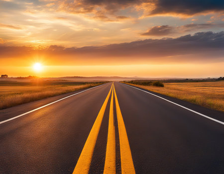 Sun rising sky and asphalt highway use as traveling and journey backgroundの素材