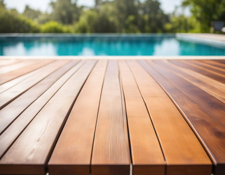 Empty wooden table in front with blurred background of swimming poolの素材