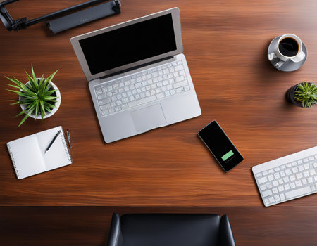 Office desk background with smart phone and cup of View from aboveの素材