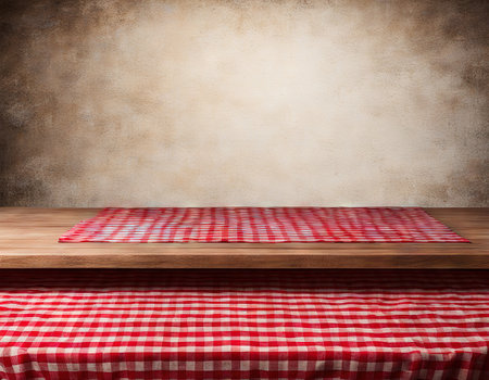 Empty wooden table with checked tablecloth over grunge red concreteの素材