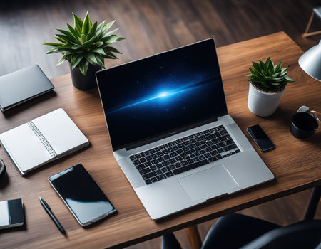 Website header design with laptop computer on office View from aboveの素材
