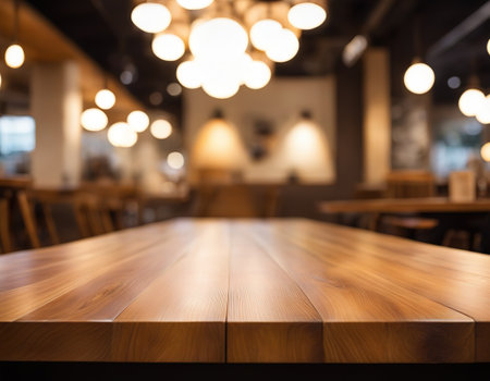 Empty light wood table top with blurred in coffee shop backgroundの素材