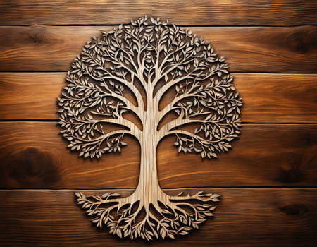 Tree outline engraving rustic wooden background motivational quoteの素材