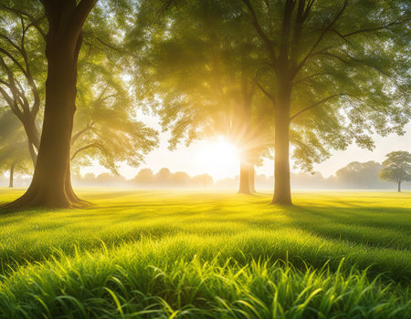 Beautiful morning sun shining light in public park with green grの素材