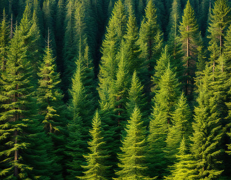 Healthy green trees in a forest of old fir and pine treesの素材