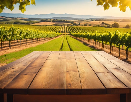Image of wooden table in front of Vineyard landscapeの素材