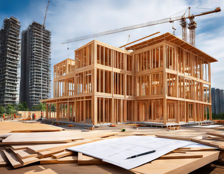 Office tower and home construction plan on architect working tabの素材