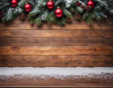 Wood table top with snowfall of winter season christmasの素材