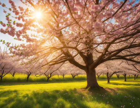 Spring blossom Nature scene with blooming tree and sun flare