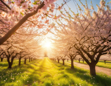 Spring blossom Nature scene with blooming tree and sun flareの素材