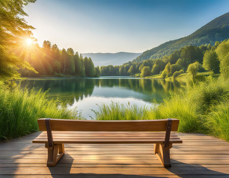 Beautiful summer landscape with lake and wooden benchの素材