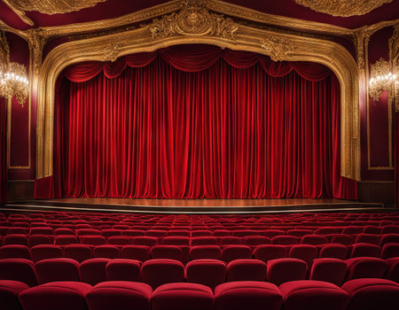 Red curtain on theater wood stage with red velvetの素材