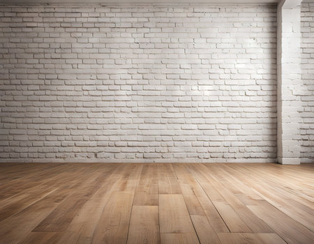 Room interior with white brick wall and wood floorの素材