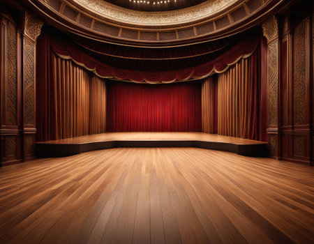 Stage of auditorium with wooden floor and whiteの素材
