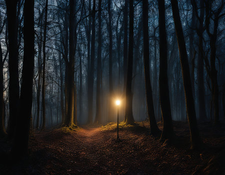 Mysterious light in dark haunted forest at nightの素材