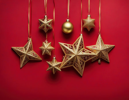 Christmas star ornaments against red backgroundの素材