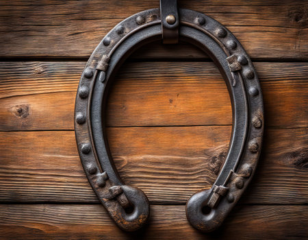 Old Metal Horseshoe on Antique Wood Backgroundの素材