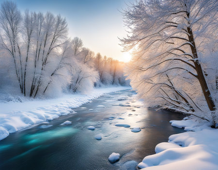Beautiful winter landscape scene with ice riverの素材