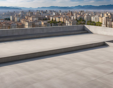 Panoramic city view with empty concrete floorの素材