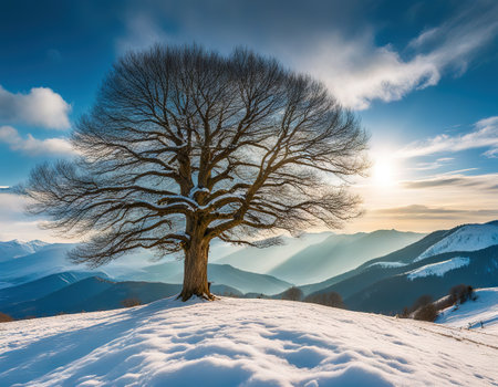 Big tree on green blue clouds and mountainsの素材