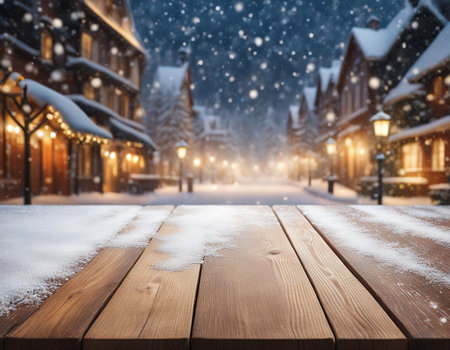 Wood table top with snowfall of winter season christmasの素材