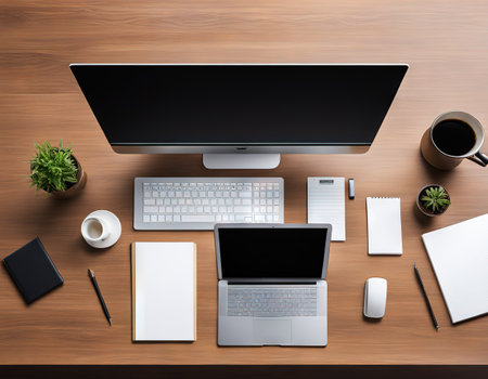 Office desk mock up template with notebook and View from aboveの素材
