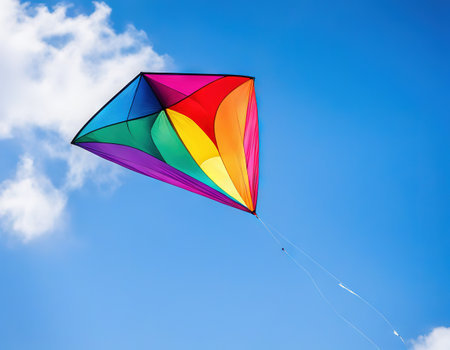 Rainbow kite flying in blue sky with Freedom and summer holidayの素材