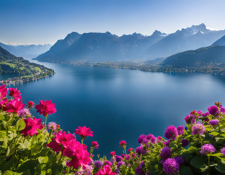 Beautiful flowers over lake Lucerne and mountains background inの素材