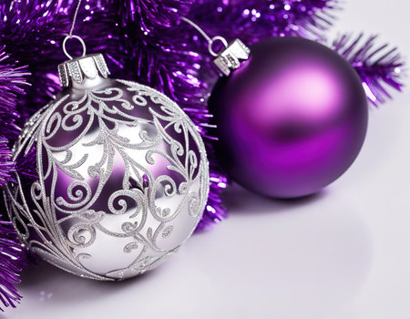 Purple and silver christmas decoration on white baの素材