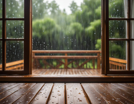 Empty wooden deck table and window with rain dropsの素材