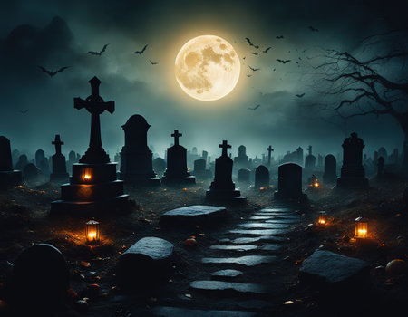 Spooky halloween background with graveyard stones silhouettesの素材