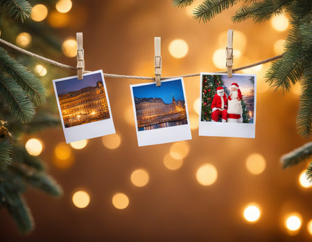 Photos Hanging on a Rope With Holiday Backgroundの素材