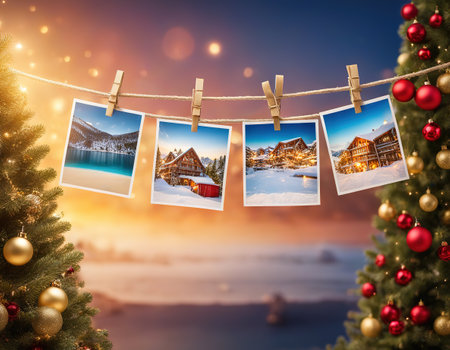 Photos Hanging on a Rope With Holiday Backgroundの素材