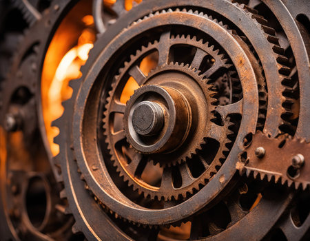 Torn hole in old metal with rusty gears and cogsの素材