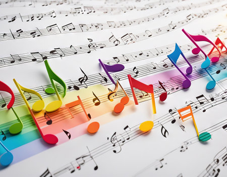 Colourful musical notes lying on music sheetsの素材