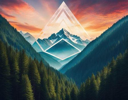Geometric collage with the mountains and forestの素材