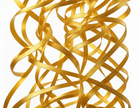Golden serpentine streamers isolated on whiteの素材