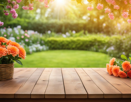 Wood table top on blur flower garden backgroundの素材