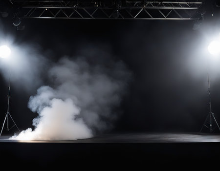 White Spotlight stage with smoke on black backgroundの素材