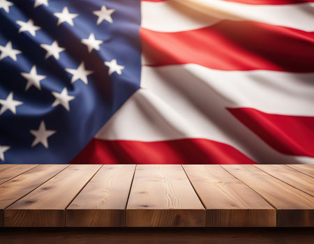 Empty wooden deck table over flag Independence of backgroundの素材