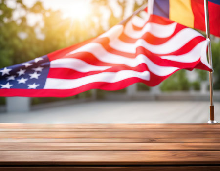 Empty wooden deck table over flag Independence of backgroundの素材