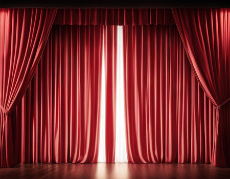 Red theater or cinema curtain slightly open and white lightの素材