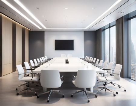 Empty conference room with white table and office chairsの素材