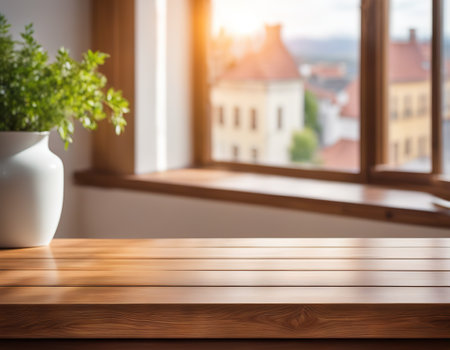 Wooden table on defocused windowsill backgroundの素材