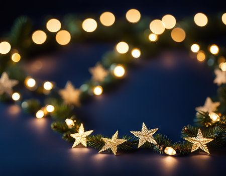 Christmas garland lights over dark blue backgroundの素材