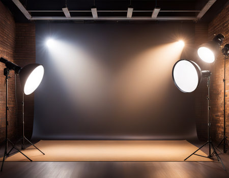Bright photo studio background with spotlightsの素材