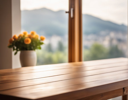 Wooden table on defocused windowsill background